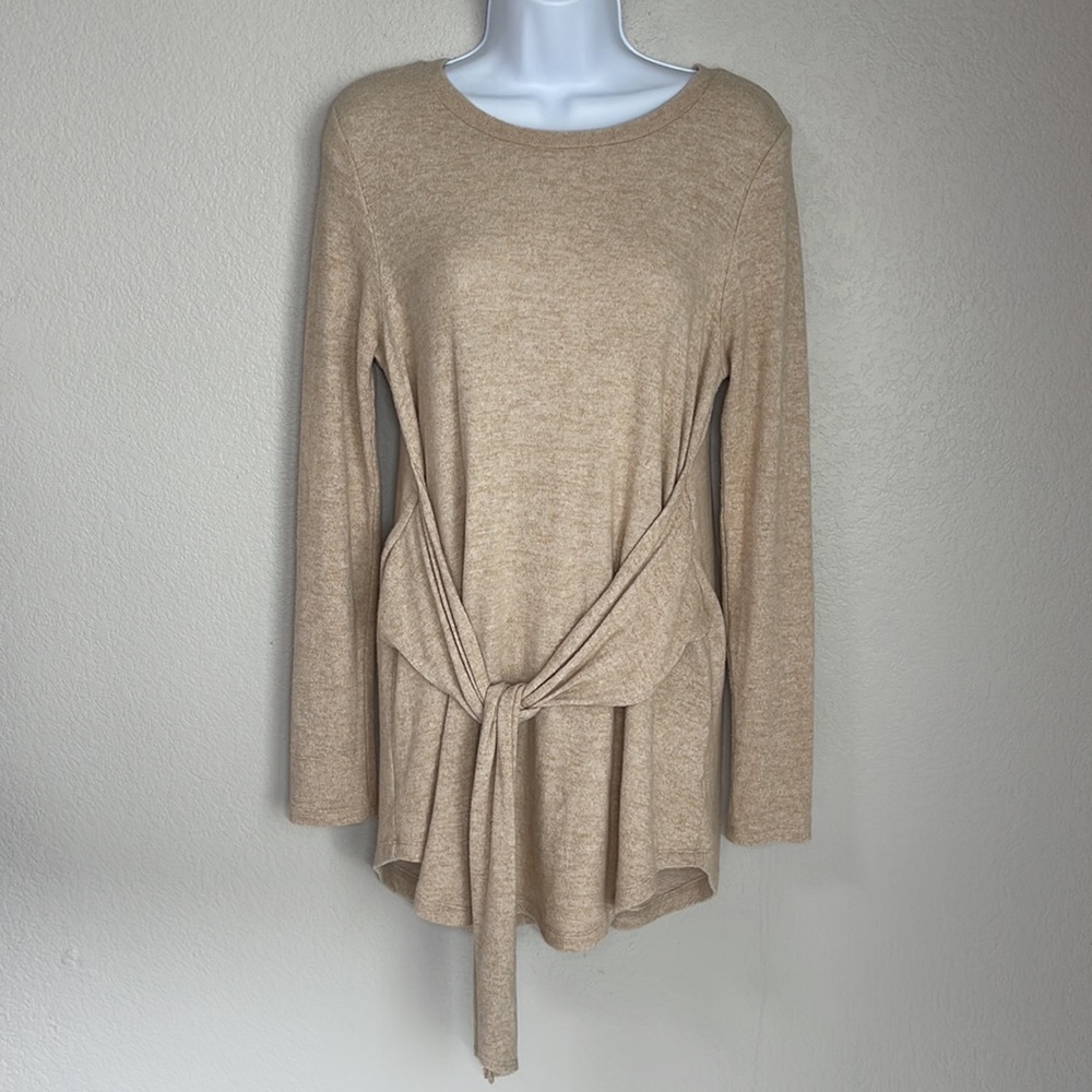 Anthropologie Pure + Good Beige Long Sleeve Tie Front Tunic Top Size Small S